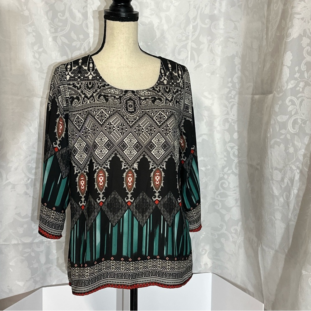 Cato Black and Teal Geometric Blouse